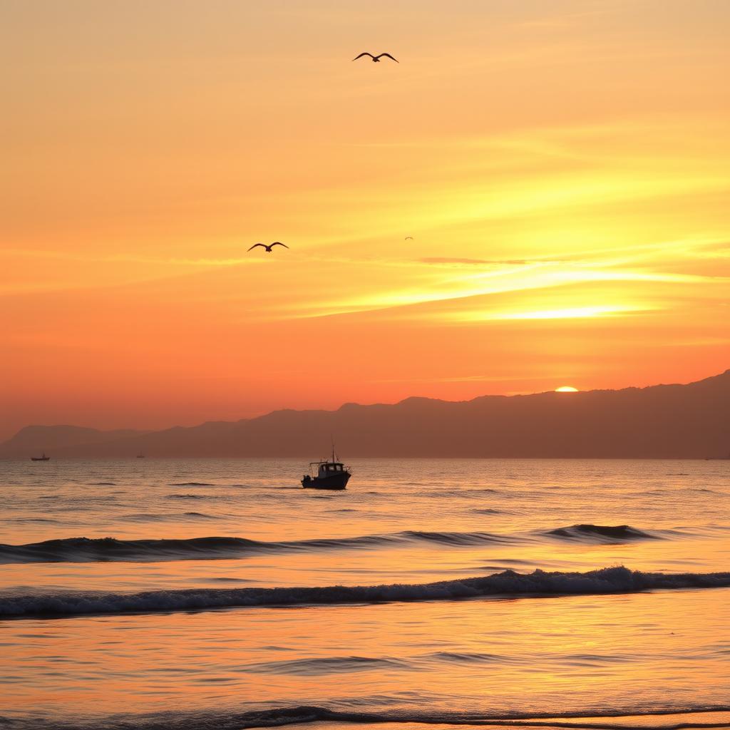 A serene beach at sunset with a small boat floating gently on the waves