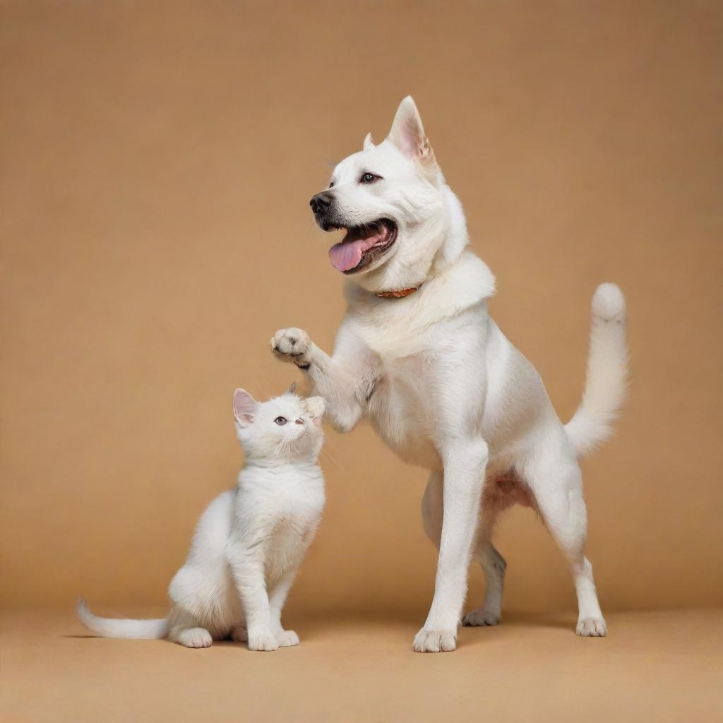 A magical fusion of a cat and dog where the body seamlessly combines the sleek elegance of a cat with the excited energy of a dog. One side feline grace, the other canine joy.