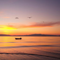 A serene beach at sunset with a small boat floating gently on the waves