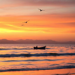 A serene beach at sunset with a small boat floating gently on the waves