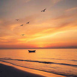 A serene beach at sunset with a small boat floating gently on the waves