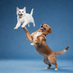 A magical fusion of a cat and dog where the body seamlessly combines the sleek elegance of a cat with the excited energy of a dog. One side feline grace, the other canine joy.