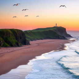 A serene coastal landscape at sunrise, with a wide stretch of sandy beach bordered by lush green cliffs