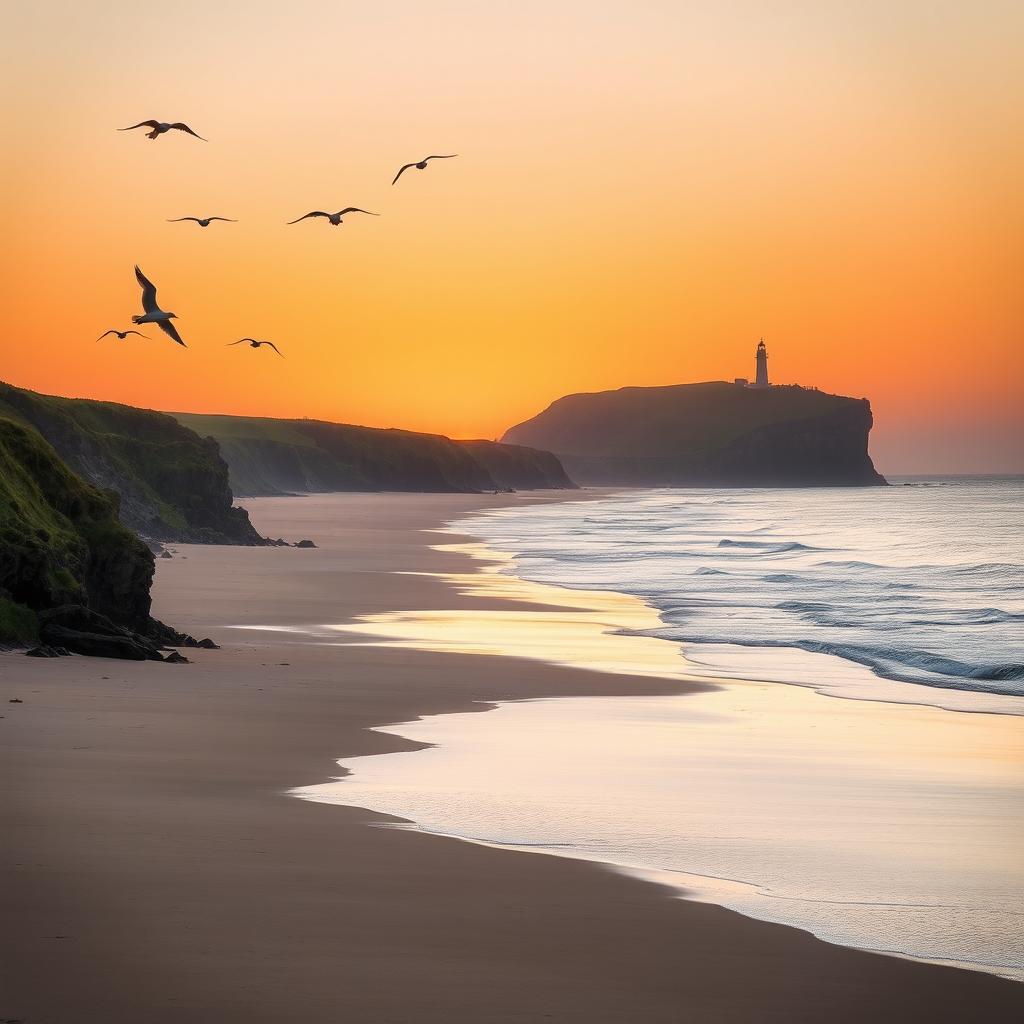 A serene coastal landscape at sunrise, with a wide stretch of sandy beach bordered by lush green cliffs