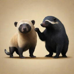 An unusual fusion of a perro (dog) and a Honey Badger. One side showcases the loyal countenance of a perro, the other side displays the toughness of a Honey Badger, both sides now an intriguing meld.