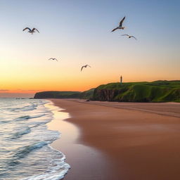 A serene coastal landscape at sunrise, with a wide stretch of sandy beach bordered by lush green cliffs