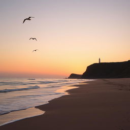 A serene coastal landscape at sunrise, with a wide stretch of sandy beach bordered by lush green cliffs