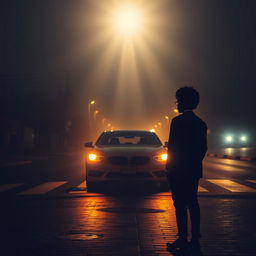 A metaphorical and introspective representation of a man with an Afro standing at a crossroads in a dimly lit street, preparing to step on the brakes of his vehicle