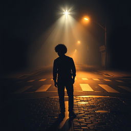 A metaphorical and introspective representation of a man with an Afro standing at a crossroads in a dimly lit street, preparing to step on the brakes of his vehicle