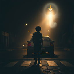 A metaphorical and introspective representation of a man with an Afro standing at a crossroads in a dimly lit street, preparing to step on the brakes of his vehicle