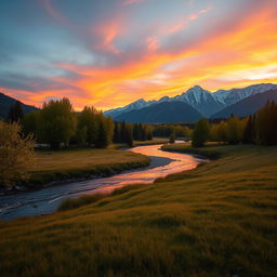 A breathtaking landscape of a peaceful meadow at sunset, with soft golden light enveloping the scene
