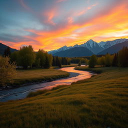 A breathtaking landscape of a peaceful meadow at sunset, with soft golden light enveloping the scene