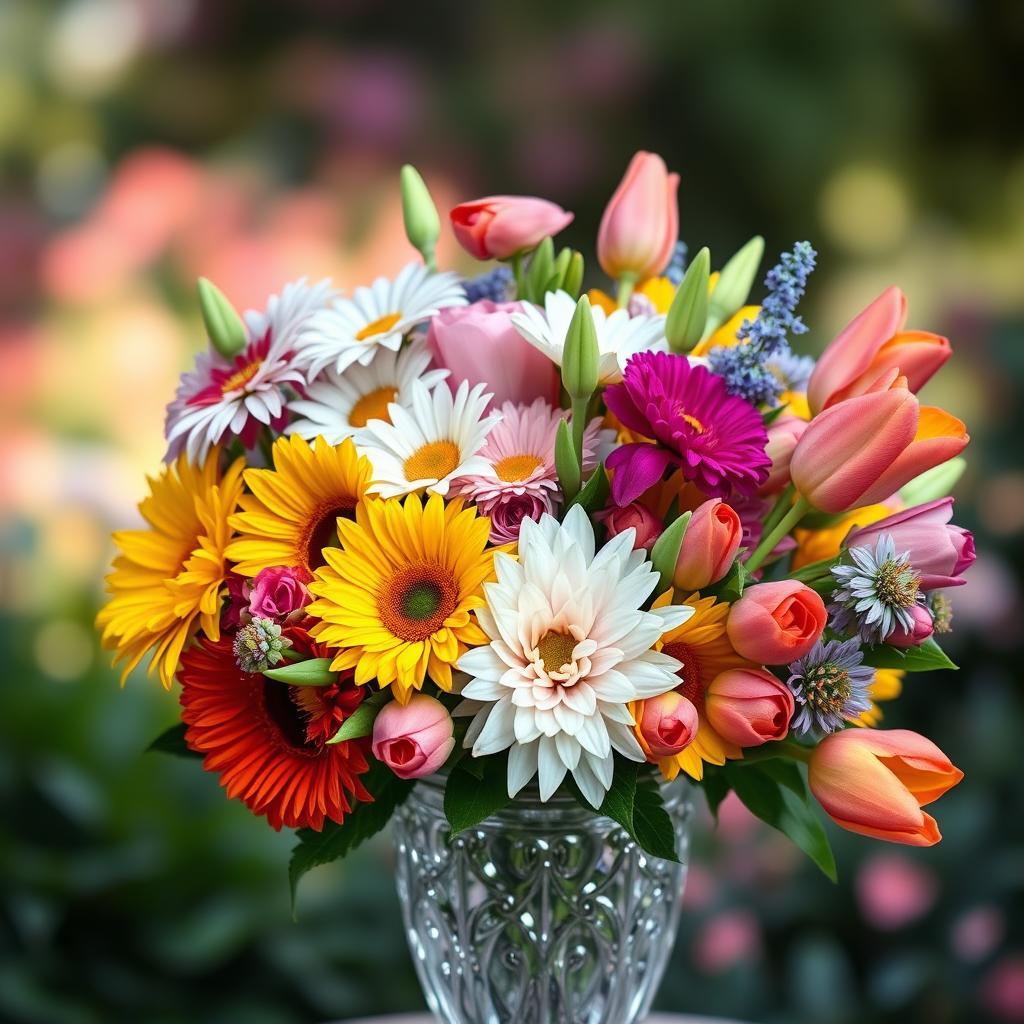 A vibrant bouquet of assorted colorful flowers, showcasing daisies, sunflowers, roses, lilies, and tulips, arranged in a harmonious and artistic manner