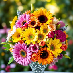 A vibrant bouquet of assorted colorful flowers, showcasing daisies, sunflowers, roses, lilies, and tulips, arranged in a harmonious and artistic manner