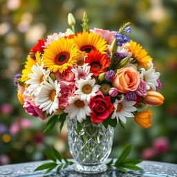 A vibrant bouquet of assorted colorful flowers, showcasing daisies, sunflowers, roses, lilies, and tulips, arranged in a harmonious and artistic manner