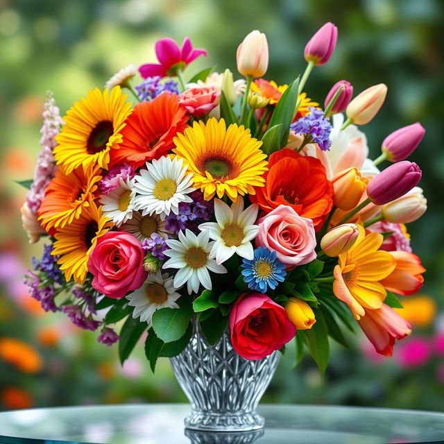 A vibrant bouquet of assorted colorful flowers, showcasing daisies, sunflowers, roses, lilies, and tulips, arranged in a harmonious and artistic manner