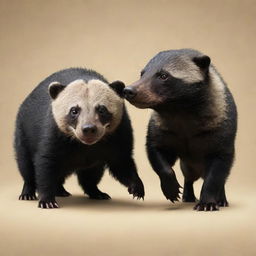 An unusual fusion of a perro (dog) and a Honey Badger. One side showcases the loyal countenance of a perro, the other side displays the toughness of a Honey Badger, both sides now an intriguing meld.