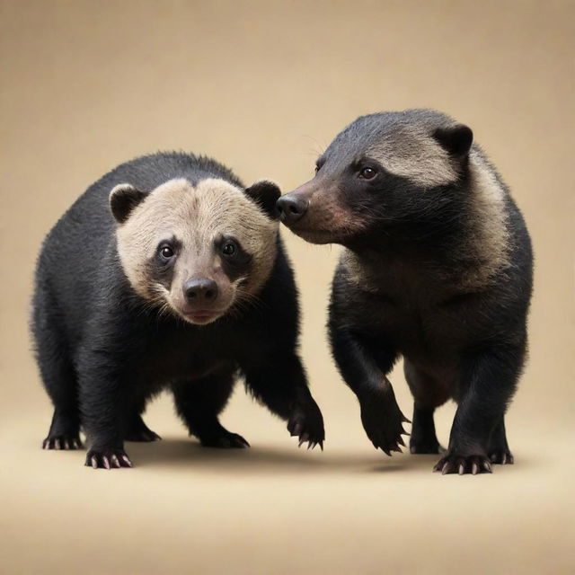 An unusual fusion of a perro (dog) and a Honey Badger. One side showcases the loyal countenance of a perro, the other side displays the toughness of a Honey Badger, both sides now an intriguing meld.