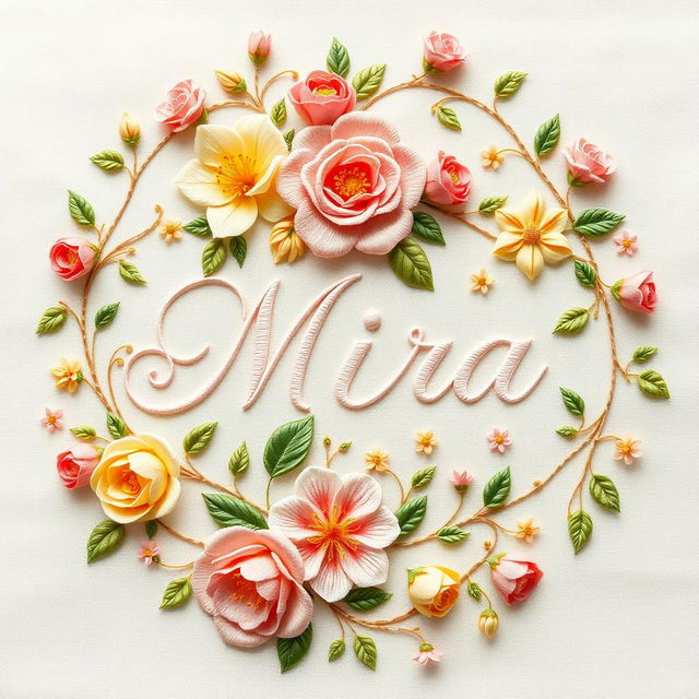 A beautifully intricate embroidery design featuring the name 'Mira' elegantly woven into a floral pattern