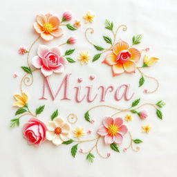 A beautifully intricate embroidery design featuring the name 'Mira' elegantly woven into a floral pattern