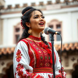 A captivating scene of a woman singing, dressed in a traditional costume that reflects her cultural heritage