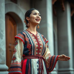 A captivating scene of a woman singing, dressed in a traditional costume that reflects her cultural heritage