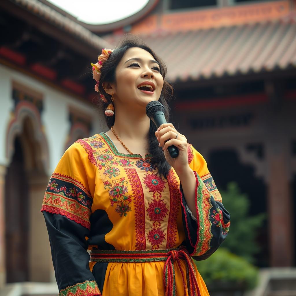 A captivating scene of a woman singing, dressed in a traditional costume that reflects her cultural heritage