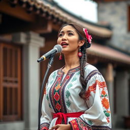 A captivating scene of a woman singing, dressed in a traditional costume that reflects her cultural heritage