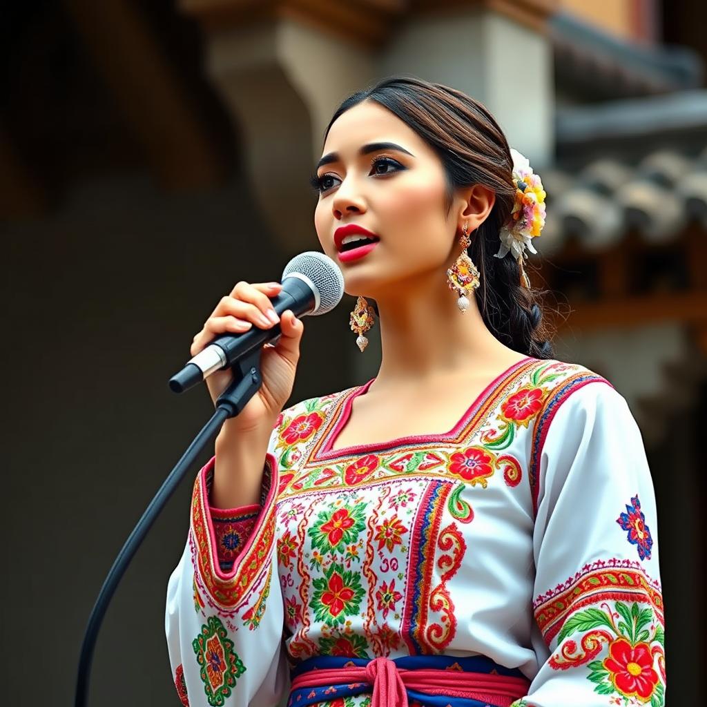 A captivating scene of a beautiful woman singing, dressed in a traditional costume that reflects her cultural heritage