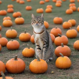 A cat humorously doing its business in a prairie full of vibrant pumpkins.