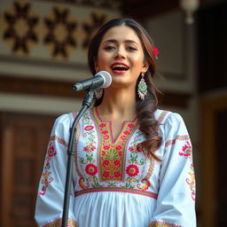 A captivating scene of a beautiful woman singing, dressed in a traditional costume that reflects her cultural heritage