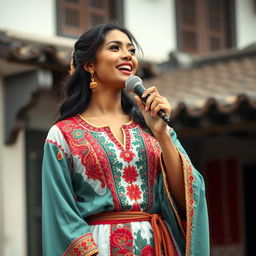 A captivating scene of a beautiful woman singing, dressed in a traditional costume that reflects her cultural heritage