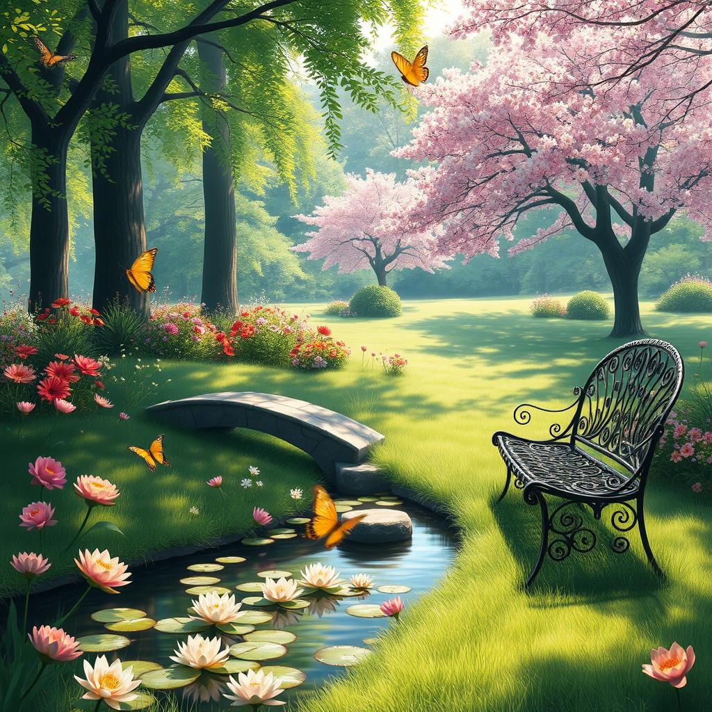 A digital painting of a serene, lush garden with vibrant flowers and a tranquil pond