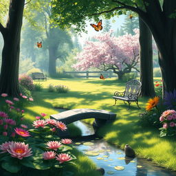 A digital painting of a serene, lush garden with vibrant flowers and a tranquil pond