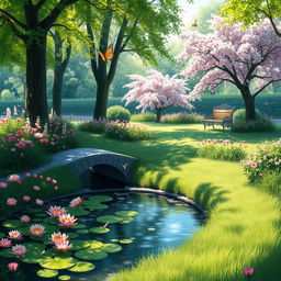 A digital painting of a serene, lush garden with vibrant flowers and a tranquil pond