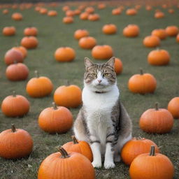 A cat humorously doing its business in a prairie full of vibrant pumpkins.