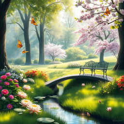 A digital painting of a serene, lush garden with vibrant flowers and a tranquil pond