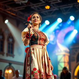 A captivating scene of a beautiful European pop singer performing on stage