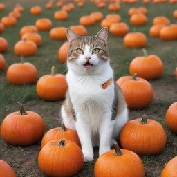 A cat humorously doing its business in a prairie full of vibrant pumpkins.