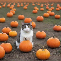 A cat humorously doing its business in a prairie full of vibrant pumpkins.