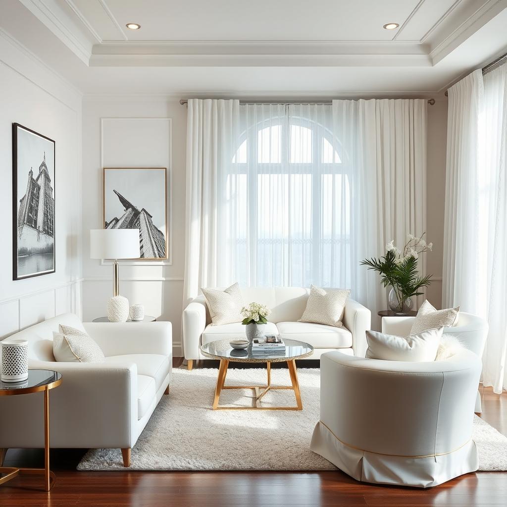 Room setting with existing furniture, color ideas focusing on white shades with a hint of glitter