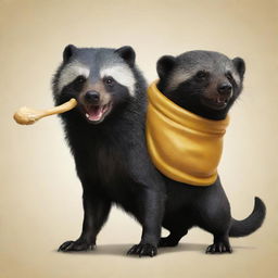 A unique fusion creature that is half dog (perro) and half Honey Badger. One side depicts the friendly demeanor of a dog while the other side shows the ferocious aspect of a Honey Badger.