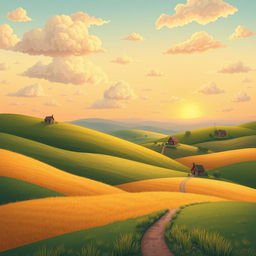 A whimsical landscape illustration with rolling hills and fluffy clouds, creating a perfect scene for lofi music