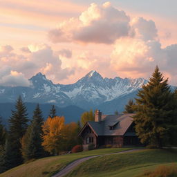 A charming house perched atop a gentle hill, surrounded by lush trees, with majestic mountains and fluffy clouds creating a stunning backdrop