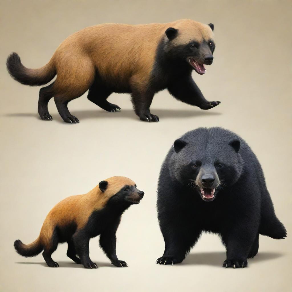 A unique fusion creature that is half dog (perro) and half Honey Badger. One side depicts the friendly demeanor of a dog while the other side shows the ferocious aspect of a Honey Badger.