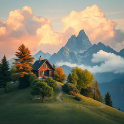 A charming house perched atop a gentle hill, surrounded by lush trees, with majestic mountains and fluffy clouds creating a stunning backdrop