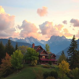 A charming house perched atop a gentle hill, surrounded by lush trees, with majestic mountains and fluffy clouds creating a stunning backdrop