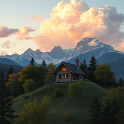 A charming house perched atop a gentle hill, surrounded by lush trees, with majestic mountains and fluffy clouds creating a stunning backdrop