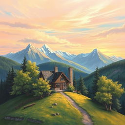 A picturesque painting of a charming house perched on a lush, verdant hill, surrounded by trees with the backdrop of majestic mountains and a sky dotted with fluffy clouds