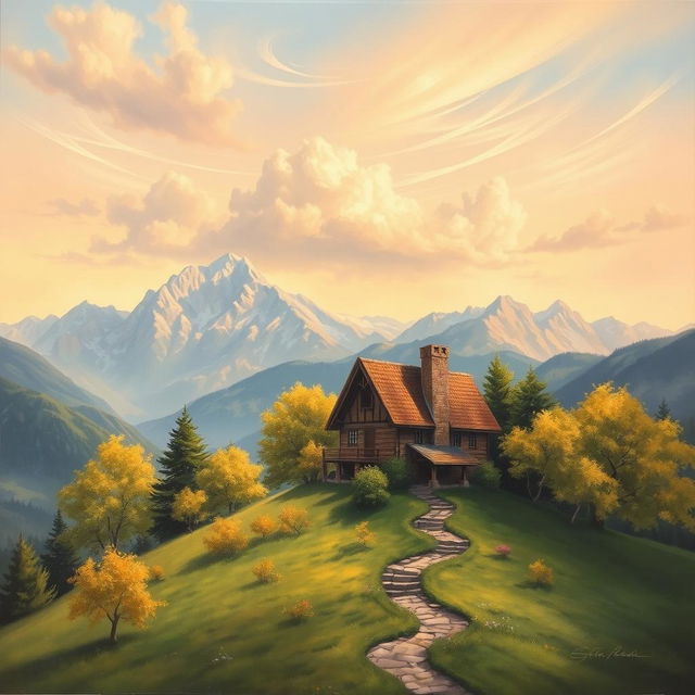 A picturesque painting of a charming house perched on a lush, verdant hill, surrounded by trees with the backdrop of majestic mountains and a sky dotted with fluffy clouds